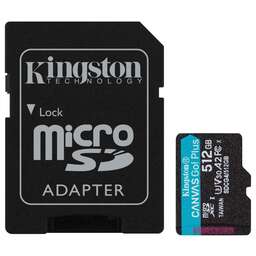 KINGSTON Карта памяти microSDXC UHS-I U3 Canvas Go Plus 512 ГБ, 200 МБ/с, Class 10, SDCG4/512GB, 1 шт., переходник SD