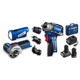 ЗУБР КОМБИ #5 набор: дрель-шуруповерт + мини УШМ + LED фонарь, BRUSHLESS, 12 В, 45 Н·м, 2 АКБ тип Т7 (4 и 2 А·ч), кейс, Профессионал (DB-125-42ABF)