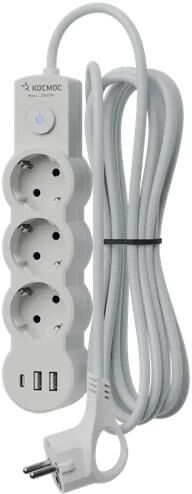 Удлинитель КОСМОС YKsm1.5m3g-Z-VU10A-W - 3 гн х 1,5 м белый