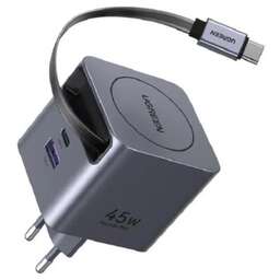 UGREEN Сетевое зарядное устройство с выдвижным кабелем X614 (65822) 45W GaN Fast Charger USB-C&USB-A with Retractable Cable USB-C. Цвет: серый космос