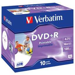 VERBATIM Диск DVD+R 4.7Gb 16x Jewel case (10шт) Printable (43508)