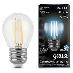 GAUSS Лампа филам. 7Вт цок.:E27 шар 220B 4100K св.свеч.бел.нейт. G45 (упак.:10шт) (105802207)