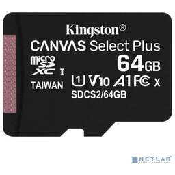 KINGSTON 64 ГБ microSDXC UHS-I Canvas Select Plus, 100X, Class 10, SDCS2/64GBSP, 1 шт., переходник без адаптера