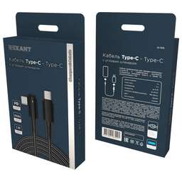 REXANT (18-7070) Type-C - Type-C, 5А, 100Вт, 1м, в черной нейлоновой оплетке, с угловым штекером и световой индикацией