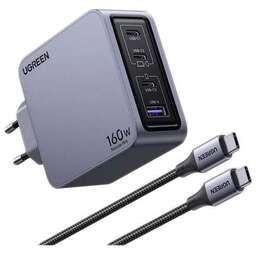 UGREEN Зарядное устройство X763 (25877) Nexode Pro 160W USB-A+3*USB-C GaN Tech Fast Charger EU с кабелем 1M 100W. Цвет: серый