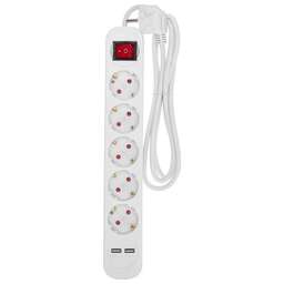 REXANT Удлинитель STANDARD 5 гнезд, 1,5м, 3х1,0мм², с/з, с выключателем, 2 USB, белый