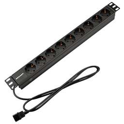 REXANT Блок распределения питания PDU горизонтальный 1U 9 розеток СЕЕ 7/4 Schuko 10A без выкл алюм корп шнур 2м вилка C14 черный