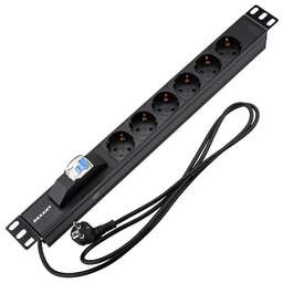 REXANT Блок распределения питания PDU горизонтальный 1U 6 розеток СЕЕ 7/4 Schuko 16A автомат защиты алюм корп шнур 2м вилка СЕЕ 7/7 Schuko черный