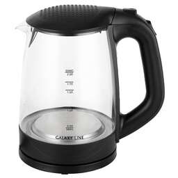 GALAXY LINE Чайник электрический GL 0566, черный, стекло, 2200 Вт, 2 л, LED-подсветка, нейлоновый фильтр, указатель уровня воды, скрытый нагревательный элемент, автоотключение