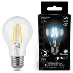 GAUSS Лампа филам. Filament A60 6Вт цок.:E27 груша 220B св.свеч.бел.нейт. (упак.:10шт) (102802206)
