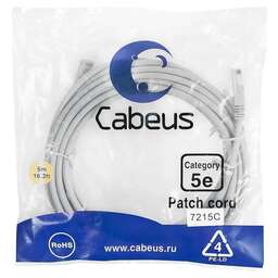 CABEUS Патч-корд PC-UTP-RJ45-CAT.5E-5M U/UTP RJ-45 вил.-вилка RJ-45 кат.5E 5м серый ПВХ