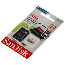 SANDISK Карта памяти microSDXC UHS-I Ultra 64 ГБ, 100 МБ/с, Class 10, SDSQUNR-064G-GN3MA, 1 шт., переходник SD