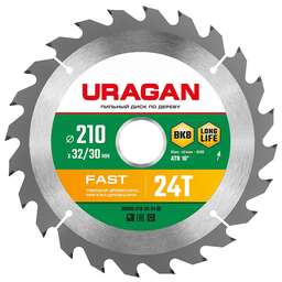 URAGAN Fast, 210 х 32/30 мм, 24Т, пильный диск по дереву (36800-210-32-24)