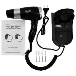 PUFF Фен для волос настенный " -1600ВlB", черный, 1,6 кВт, с розеткой