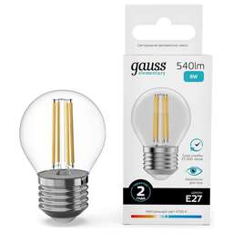 GAUSS Лампа филам. Filament 8Вт цок.:E27 шар 220B св.свеч.бел.нейт. (упак.:10шт) (52228)