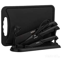 MALLONY Набор кухонный COLTELLO NERO (7 предметов): 3 ножа, ножницы, овощечистка, разд. доска, подставка (310890)