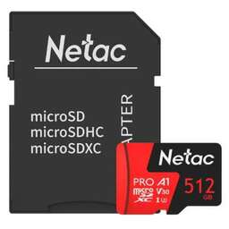 NETAC Карта памяти Pro microSDXC NT02P500PRO-512G-R 512GB A1 V30 U3 C10 +SD Adapter
