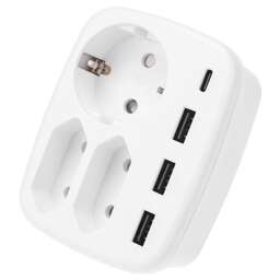 REXANT Тройник электрический 16А с/з + 2х2,5А + 3хUSB-A 2,4А + USB Type-C 3А, белый