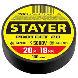 STAYER PROTECT-20, 19 мм х 20 м, 5 000 В, черная, изолента ПВХ, Professional (12292-D)