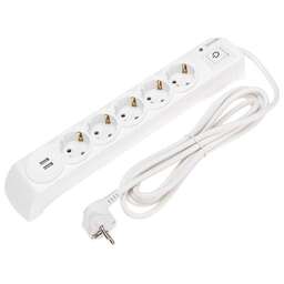 KRANZ Фильтр сетевой 5 гнезд, 3м, 3х1,5мм², с автовыкл, 2 USB, белый