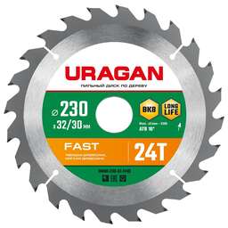 URAGAN Fast, 230 х 32/30 мм, 24Т, пильный диск по дереву (36800-230-32-24)