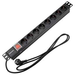 REXANT Блок распределения питания PDU горизонтальный 1U 8 розеток СЕЕ 7/4 Schuko 16A выкл алюм корп шнур 2м вилка СЕЕ 7/7 Schuko черный