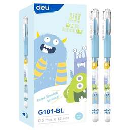 DELI Ручка гелев. EG101-BL прозрачный d=0.5мм син. черн. карт.уп. игловидный пиш. наконечник резин. манжета