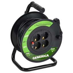 IEK Удлинитель силовой GENERICA УК20, розеток 4шт, 3x1.0 кв.мм, 10A, 20м, ПВС, катушка, черный [wkp10-10-04-20-g]