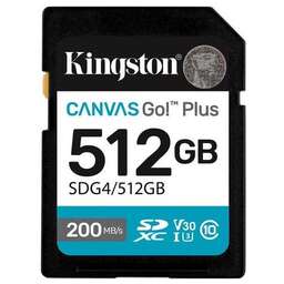KINGSTON Карта памяти SDXC UHS-I U3 Canvas Go Plus 512 ГБ, 200 МБ/с, Class 10, SDG4/512GB, 1 шт., без адаптера