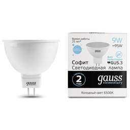 GAUSS Лампа светодиодная Elementary MR16 9Вт цок.:GX5.3 спот 220B св.свеч.бел.хол. MR16 (упак.:10шт) (13539)