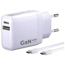 BORASCO Сетевое зарядное устройство USB + USB type-C, USB type-C, 45Вт, 3A, белый [52389]