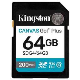 KINGSTON Карта памяти SDXC UHS-I U3 Canvas Go Plus 64 ГБ, 200 МБ/с, Class 10, SDG4/64GB, 1 шт., без адаптера