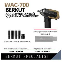 БЕРКУТ BERKUT WAC-700 800Вт аккум. патрон:квад.1/2" (ББ-00003318)