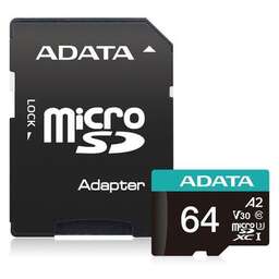 A-DATA Карта памяти microSDXC UHS-I U3 Premier Pro 64 ГБ, 100 МБ/с, Class 10, AUSDX64GUI3V30SA2-RA1, 1 шт., переходник SD