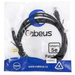 CABEUS Патч-корд PC-UTP-RJ45-CAT.5E-3M-BK U/UTP RJ-45 вил.-вилка RJ-45 кат.5E 3м черный ПВХ
