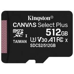 KINGSTON Карта памяти microSDXC UHS-I U3 Canvas Select Plus 512 ГБ, 100 МБ/с, SDCS2/512GB, 1 шт., переходник SD