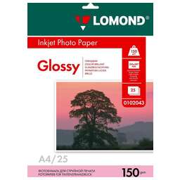 LOMOND Фотобумага A4, для струйной печати, 25л, 150г/м2, белый, покрытие глянцевое [0102043]
