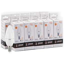 GAUSS Лампа светодиодная Elementary 8Вт цок.:E14 свеча 220B св.свеч.бел.теп. С37 (упак.:10шт) (33118)