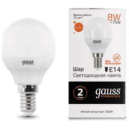 GAUSS Лампа светодиодная 8Вт цок.:E14 шар 220B 3000K св.свеч.бел.теп. G45 (упак.:1шт) (53118)