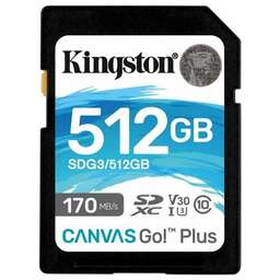 KINGSTON Карта памяти SDXC UHS-I U3 Canvas Go Plus 512 ГБ, 170 МБ/с, Class 10, SDG3/512GB, 1 шт., без адаптера