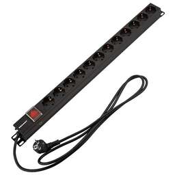 REXANT Блок распределения питания PDU вертикальный 12 розеток СЕЕ 7/4 Schuko 16A выкл алюм корп шнур 2м вилка СЕЕ 7/7 Schuko черный