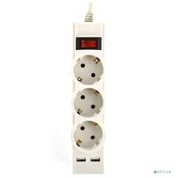 PERFEO (PF_E1640) "POWER-S", 3,0м, 3 розетки 10А, 2USB, 2500 Вт, двойная защита, серый