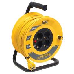 IEK Удлинитель силовой Industrial, розеток 4шт, 3x1.5 кв.мм, 16A, 30м, ПВС, катушка, желтый [wkp15-16-04-30]