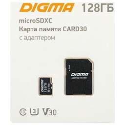 DIGMA Карта памяти microSDXC UHS-I U3 128 ГБ, 90 МБ/с, Class 10, CARD30, 1 шт., переходник SD [dgfca128a03]