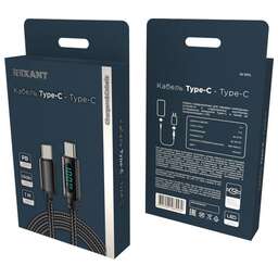 REXANT (18-7074) Type-C - Type-С, 5A, 100Вт, 1м, в черной нейлоновой оплетке, с LED дисплеем