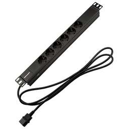 REXANT Блок распределения питания PDU горизонтальный 1U 6 розеток СЕЕ 7/4 Schuko 10A без выкл алюм корп шнур 2м вилка C14 черный