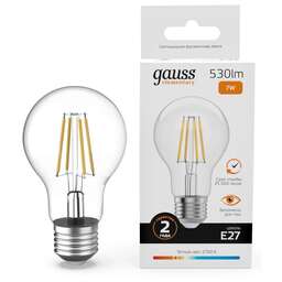 GAUSS Лампа филам. Filament 7Вт цок.:E27 груша 220B св.свеч.бел.теп. (упак.:10шт) (22217)