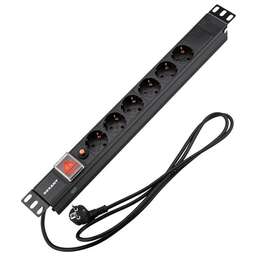 REXANT Блок распределения питания PDU горизонтальный 1U 6 розеток СЕЕ 7/4 Schuko 16A фильтр выкл алюм корп шнур 2м вилка СЕЕ 7/7 Schuko черный