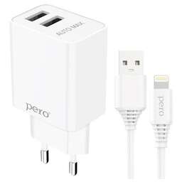 PERO Сетевое зарядное устройство TC02, 2xUSB-A, 8-pin Lightning, 10.5Вт, 2.1A, белый [тс02w2al]
