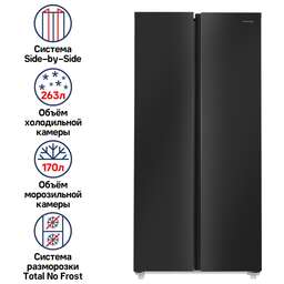 MAUNFELD Холодильник двухкамерный MFF177NFBE Total No Frost, Side by Side, инверторный черный
